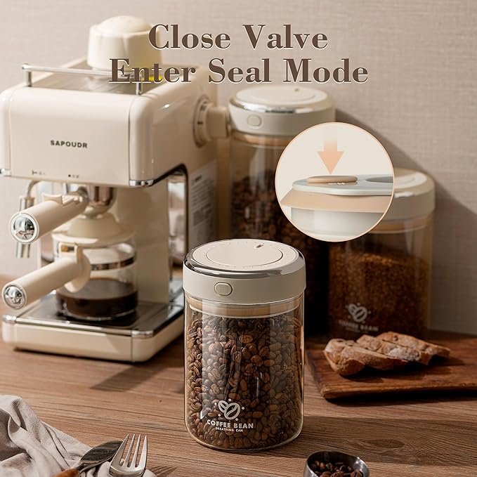 Coffee Bean Storage Container with One-way Valve Airtight Lid Date Tracker for Coffee and More Food Fresh and Storage, Clear Borosilicate Glass Coffee Canister(1.8 Qt - 21 OZ)