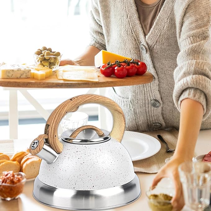 3 Quart Stainless Steel Whistling Tea Kettle – Natural Stone Finish Teapot with Cool-Touch Wood Handle, Loud Whistle & Rust-Resistant Base(white)