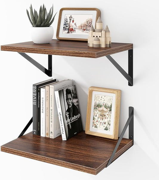 Deep Floating Shelves Wall Mounted, 16"x12" Walnut Wall Shelves with Brackets Set of 2 for Bedroom, Living Room, Bathroom, Kitchen, Office - Storage & Display Shelf for Decor, Books, Plants