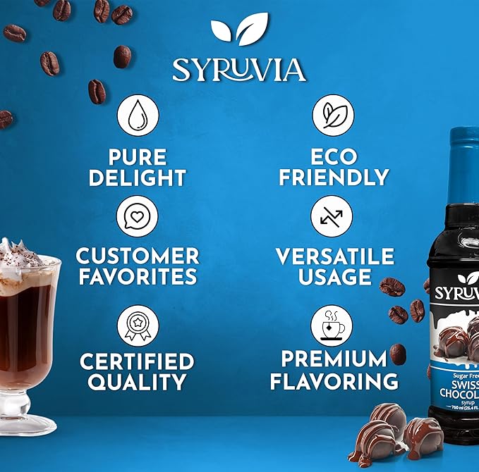 Syruvia Sugar Free Coffee Syrup, Swiss Chocolate Flavored Syrup for Drinks, Lattes, and Desserts – 25.4 fl oz, With Pump