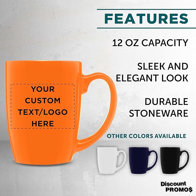 DISCOUNT PROMOS Custom Curved Java Coffee Mug 12 oz. Set of 10/50/100 - Personalized Bulk Pack - Stoneware Restaurant Cups - Orange