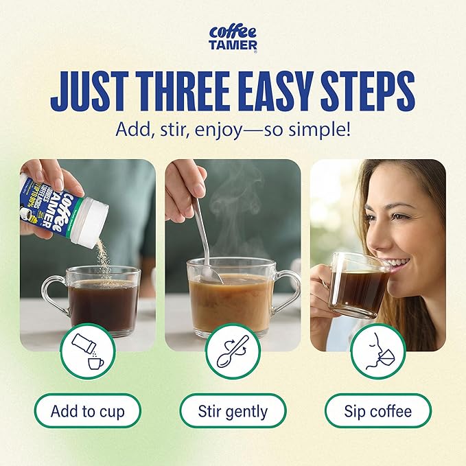 Coffee Tamer Acid Reducer Powder 2.4oz Shaker Bottle - All Natural Coffee Acid Reducer, Alkalizing Granules Reduce Acidity By 90%, Keto Friendly, Sugar-Free, Non-GMO, Preserves Original Flavor
