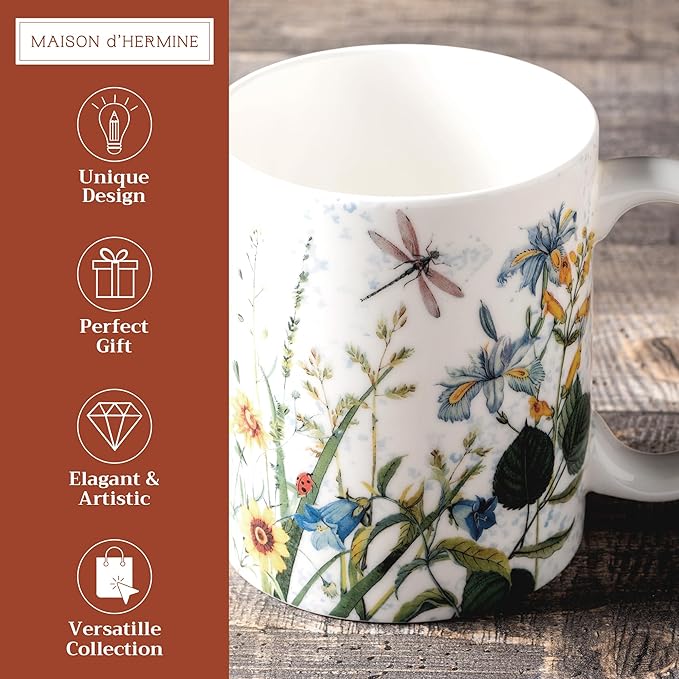Maison d' Hermine Coffee Mug with Handles Fine Bone China Mugs Pack of One Tea Cups for Hot Beverages Cappuccino Latte Home Restaurant Office Perfect for Gift (Fleurs De Mai - Prairie, 15 Ounce)
