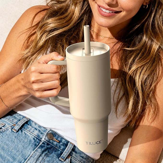 TILUCK 30 oz Tumbler with Handle, Vacuum Insulated Stainless Steel Travel Mug with 100% Leak-Proof Silicone Straw Lid, Cupholder Friendly Water Bottle(MistyGray, 30oz)