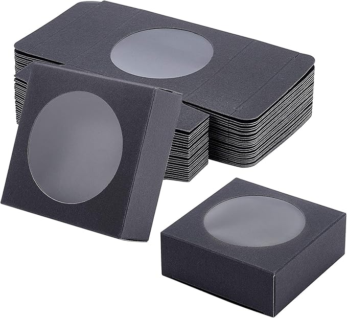 BENECREAT 24 Pack Kraft Paper Boxes with Clear Window 3x3x1.2 Black Kraft Gift Packaging Boxes for Bakery Cookies Cake Candy Wedding Party, Festival Gift Packaging