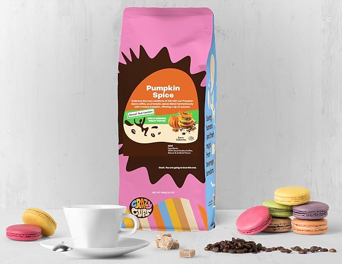 Crazy Cups Decaf Flavored Ground Coffee, Decaffeinated Pumpkin Spice Coffee, For Brewing Flavored Hot or Iced Decaf Pumpkin Coffee, 10oz