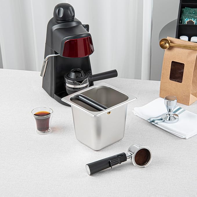 Restaurantware Restpresso 7 x 6.4 x 6 Inch Knock Box 1 Deep Tamp Box - Built-In Knock Bar Dishwashable Stainless Steel Barista Knock Box Durable For Coffee And Espresso Grounds