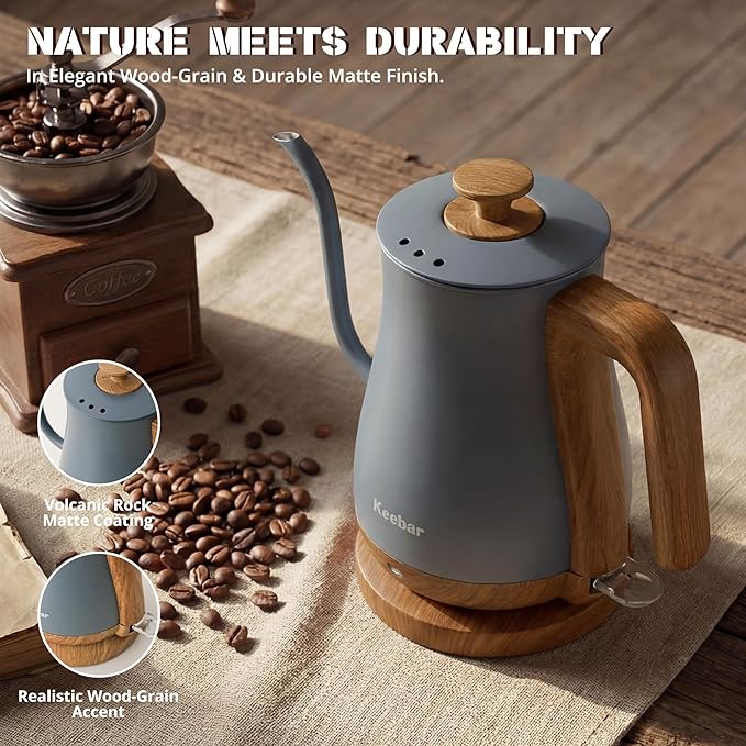 Gooseneck Electric Kettle, Electric Tea Kettle Stainless Steel, Electric Kettle for Coffee, 1000W Kettle Electric Auto Shut Off, 0.8L, Wood-like Grain Finish Handle, Gray