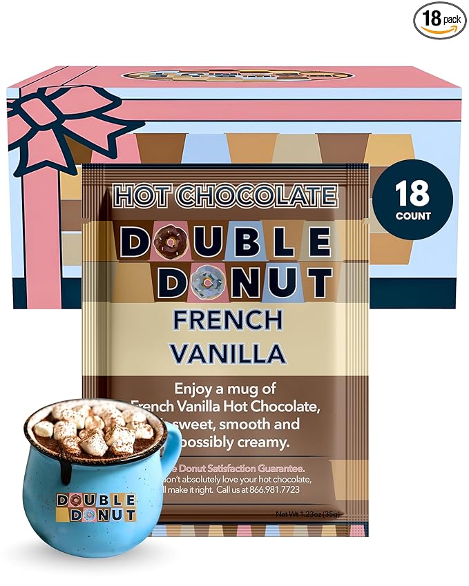Double Donut Coffee French Vanilla Hot Chocolate Mix Packets, Flavored French Vanilla Hot Cocoa Mix, 18 Count