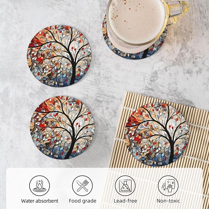 Artistic Tree Pattern Coasters for Drinks Absorbent Round Ceramic Coasters Set of 4 Non-Slip Cup Coaster with Cork Base for Coffee Table Drink Home Decor Tabletop Protection