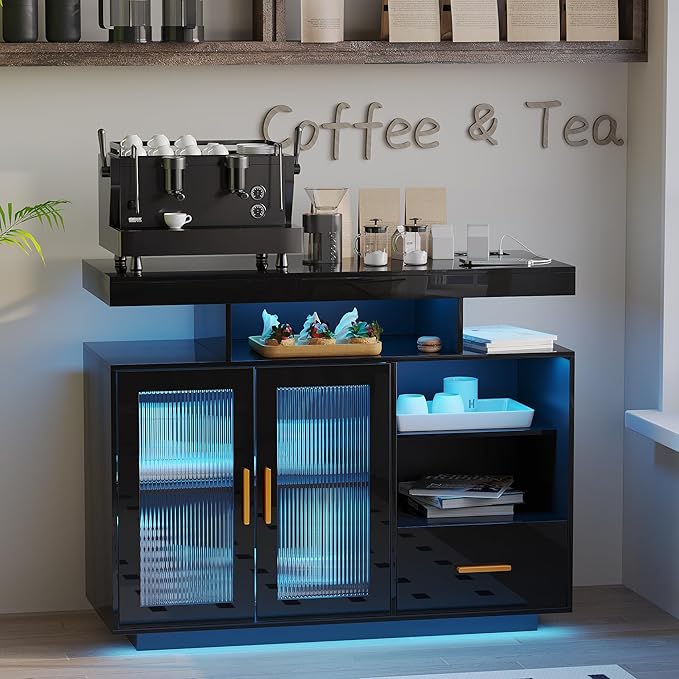 40" Wood LED Coffee Bar with Wireless Charging Station, Storage Coffee Bar Cabinet with 2 Doors and Shelves