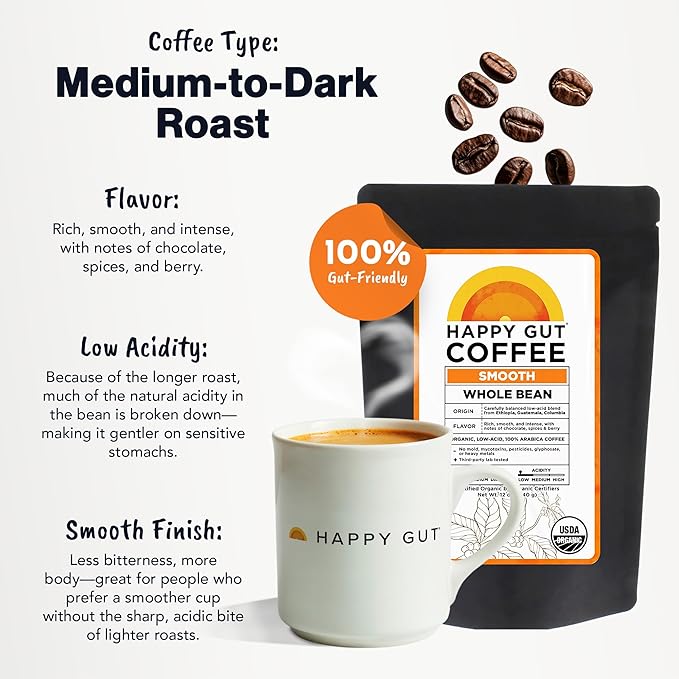 Happy Gut Coffee - Doctor-Formulated, Organic Medium-to-Dark Roast Coffee - Gut-Friendly - Gentle on Stomach - Rich Flavor, Gluten-Free, No Bitterness - 12oz - SMOOTH - Whole Bean