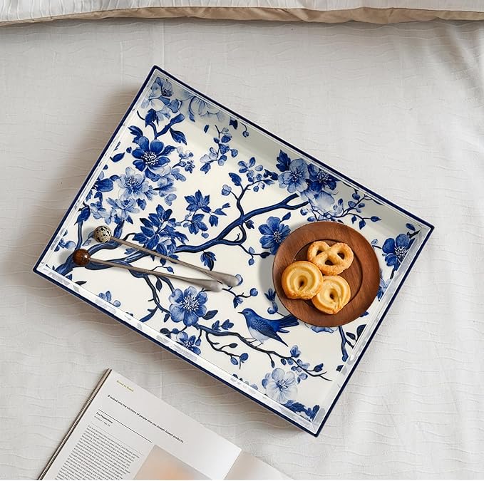 Serving Tray with Handles, 15.7 * 11.8 inches, Plastic Ottoman Tray with Exquisite Paintings, Trays for Coffee Table