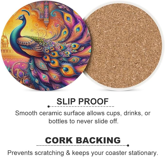 Round-6PCS Peacock Drink Coasters, Round Modern Ceramic Absorbent Coasters, Boho Art Beautiful Colorful Floral Peacock Pattren Decor Desk Coffee Table Coaster for Beverage Cup Tea Coasters