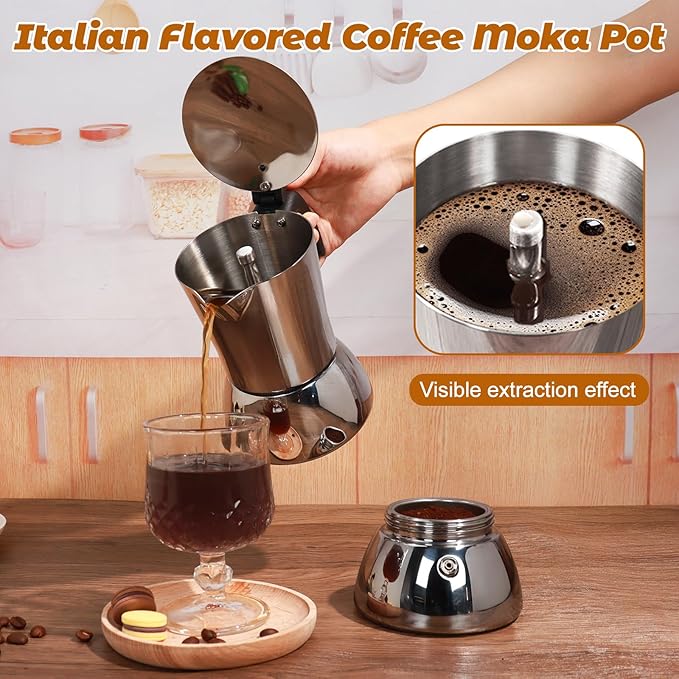 Vaolvpant No Coating 4 Cup Thickened 304 Stainless Steel Moka Pot Stovetop Espresso Maker Italian Coffee Machine 200ml 6.8oz Suitable for Gas Induction Stovetop Greca Coffee Maker Percolator