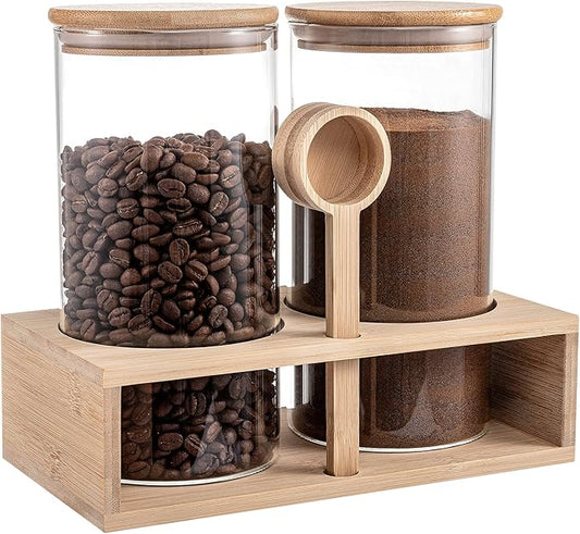 ANPHSIN 2Pcs 49oz Large Capacity Glass Coffee Containers - BPA Free Storage Jars with Hollow Shelf Lids and Spoon for Coffee Bean Bar Station Kitchen Gift