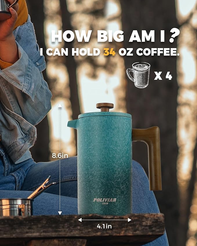 POLIVIAR French Press Coffee Maker, 34 oz Coffee Press with Real Wood Handle, Double Wall Insulation & Dual-Filter Screen, Food Grade Stainless Steel for Good Coffee and Tea JX2023-FPLD