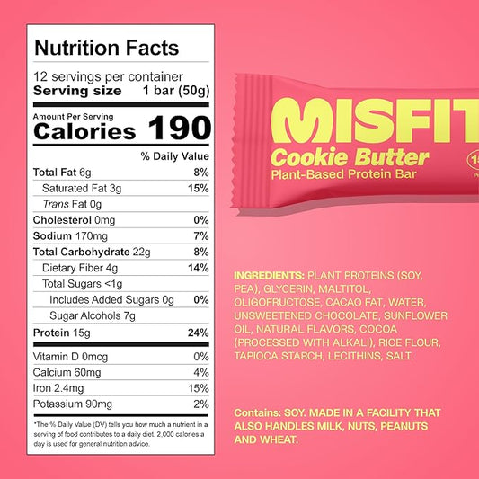 Misfits Vegan Protein Bars - Speculoos Cookie Butter | Nutrition Bars - 15g Protein, 1g Sugar, Plant-based, Low Carb, Non-GMO, Gluten Free Snacks | Pack of 12