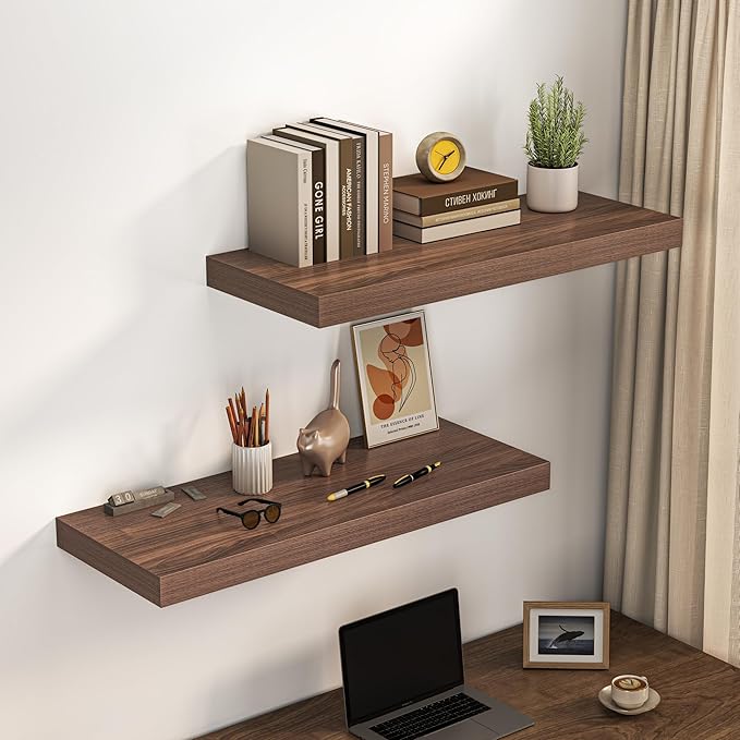 Dreamland 36" Floating Shelves for Wall, 12" Deep Thicker Walnut Floating Shelves, Wall-Mounted Shelves for Bedroom, Living Room, Kitchen, Bathroom - Set of 2