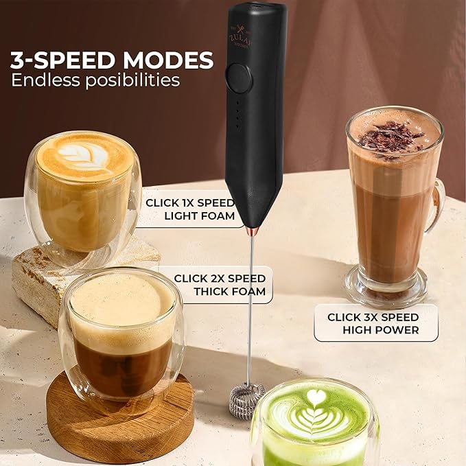 Zulay Kitchen Rechargeable Milk Frother - Dynamic - 3 Speeds, 3 Whisk Attachments, 500 mAh USB Charging, Drink Mixer For Latte, Cappuccino, Matcha, Protein Powder, Coffee Foam - Black Copper