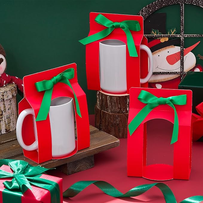 Kosiz 36 Pcs Mug Boxes Sublimation Coffee Mugs Gift Bags with Window Packaging Storage Box for Shipping Selling Wedding Valentines Gift Packaging Wrapping (for 15oz Mug,Red,Green)