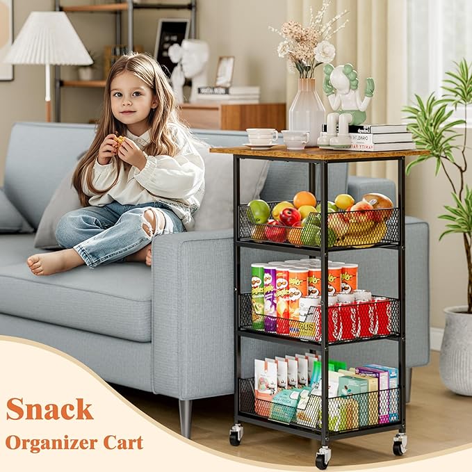 Kitchen Microwave Cart with Fruit Baskets, 4 Tier Microwave Table Stand with Storage, Kitchen Storge Shelf on Wheels Small Rolling Cart Organizer Rack for Pantry, Living Room, Bathroom