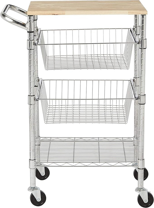 Amazon Basics 3-Tier Metal Basket Rolling Utility Cart with Wood Top, Kitchen Storage Organizer, Portable, Silver