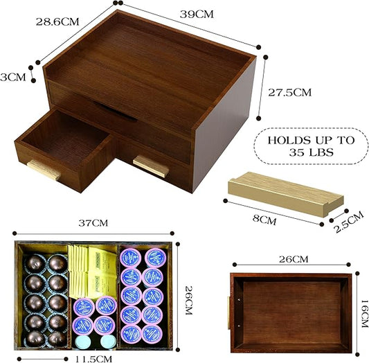 Wooden Coffee Pod Storage Drawer，K Cup Holder Compatible with Vertuo Capsules and Original Coffee Pods,35 Capacity K Cup Coffee Maker Machine Stand for Coffee Station Home Office and Kitchen