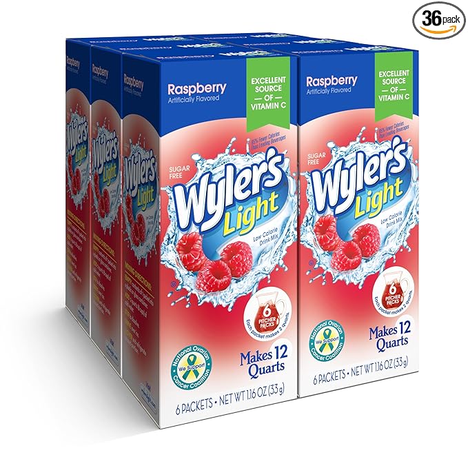 Wyler's Light Pitcher Packs, Water Drink Mix, Raspberry, 6 Boxes (36 Pitcher Packets)