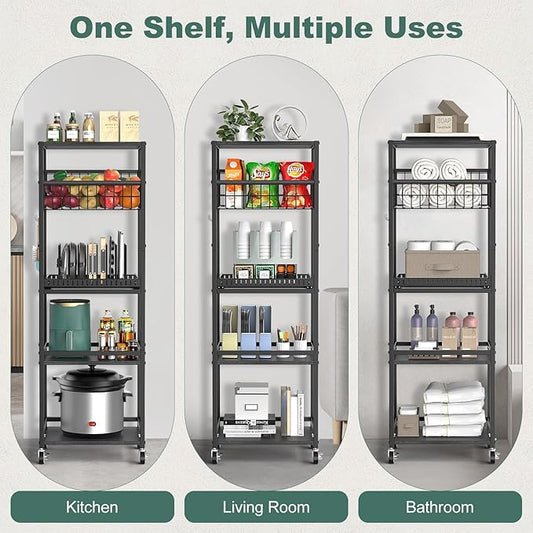Housolution 5 Tier Kitchen Rolling Cart, Storage Cart with Metal Fruit Vegetable Basket and Pull-Out Pot Lid Cutting Board Organizer, Storage Rack with Wooden Top for Kitchen, Pantry, Bathroom