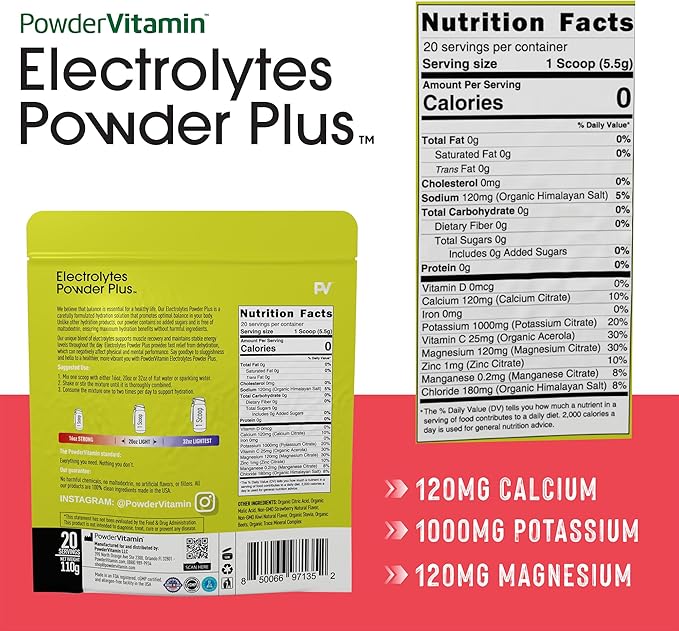 PowderVitamin Electrolytes Powder Plus (20 Servings) Strawberry Kiwi Electrolyte Powder Zero Calorie Keto,0 Sugar,No Maltodextrin,1000mg Potassium,120mg Calcium,120mg Magnesium, Pink Himalayan Salt