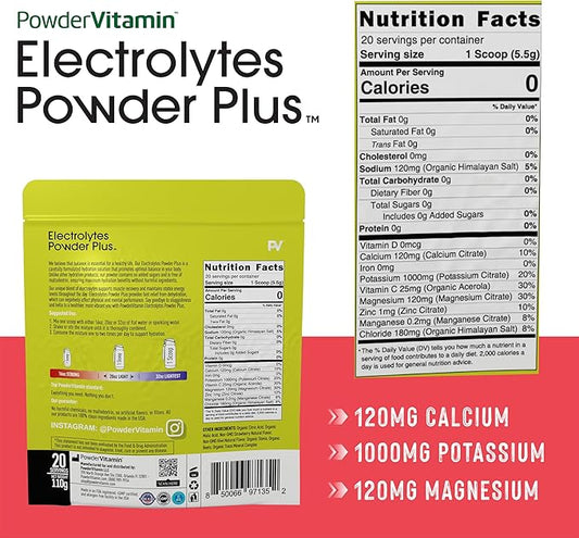 PowderVitamin Electrolytes Powder Plus (20 Servings) Strawberry Kiwi Electrolyte Powder Zero Calorie Keto,0 Sugar,No Maltodextrin,1000mg Potassium,120mg Calcium,120mg Magnesium, Pink Himalayan Salt