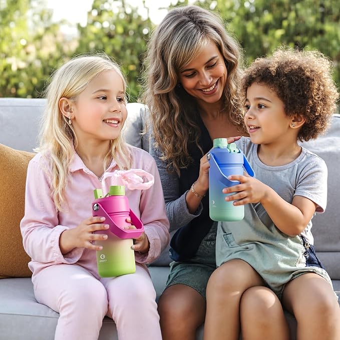 Kids Insualated Water Bottle with Straw,12oz Stainless Steel Water Bottle with Dual Spouts, Leak-Proof,BPA-Free,Double Wall Vacuum Keeps Cold for 24 Hours for Sports,Travel,School (Blue Hippo Parade)