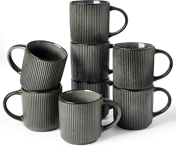 famiware Coffee Mug Set for 8, Star 12 oz Catering Mugs Cup Set with Handle for Coffee, Tea, Cocoa, Milk - Ceramic Stoneware Drinkware Set, Deep Forest