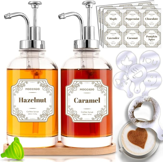 Moccado Glass Coffee Syrup Dispenser for Coffee Bar - Set of 2 Silver 500 ml / 16.9 oz Glass Syrup Bottles, Includes Bamboo Tray, 16 Stencils, Labels, Coffee Bar Accessories