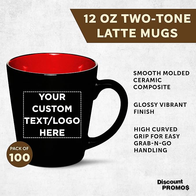 Custom Ceramic Coffee Latte Mugs 12 oz. Set of 100, Personalized Bulk Pack - Perfect for Coffee, Tea, Espresso, Hot Cocoa, Other Beverages - Red