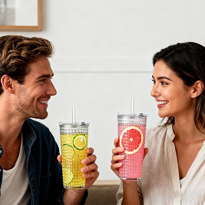 20oz Glass Cups with Lids and Straws,2 Pack Reusable Glass Tumbler for Cold & Hot Drinks Wide Mouth Travel Mug for Smoothies Cocktails Beer Tea Juice and Iced matcha Coffee Cups with Lids