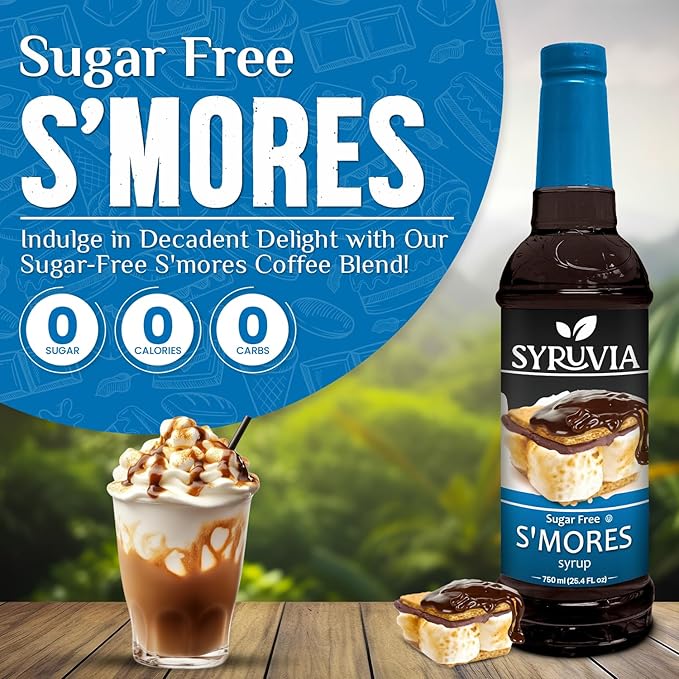 Syruvia Sugar Free Coffee Syrup, S'mores Flavored Syrup for Drinks, Lattes, and Desserts – 25.4 fl oz, With Pump