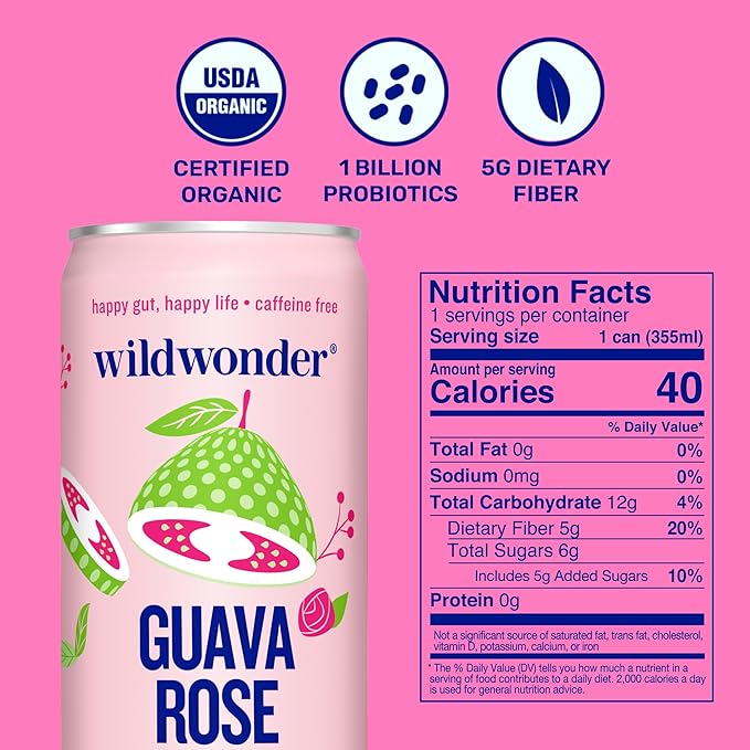 wildwonder Sparkling Probiotic Drink 12pk, for Gut Health & Immune Support, Guava Rose, 5 G Prebiotic Fiber, Live Probiotics, Organic, Vegan, Low Sugar, 12 Pack, 12 Oz Can, As Seen on Shark Tank