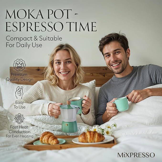 Mixpresso Moka Pot 3 Cup (5 oz Total) – Stovetop Espresso Maker for Gas & Electric Stove, Aluminum Cuban & Italian Coffee Maker, Small Size Espresso Brewer