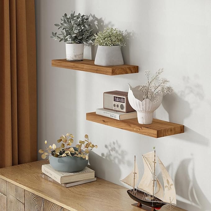 Fun Memories Wood Floating Shelves 24 Inch Long, Rustic Elm Wood Wall Shelves for Farmhouse, Living Room, Kitchen, Wall Mounted Bathroom Shelf Floating Shelf with Invisible Bracket Set of 2, Natural
