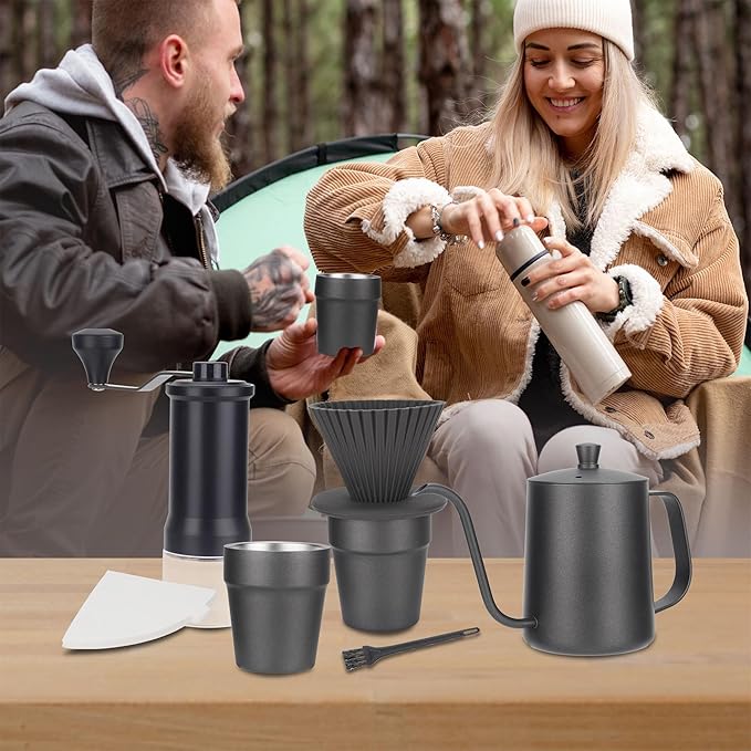 9-Piece Pour Over Coffee Set, Travel Camping Coffee Maker Kit with SS Kettle & Grinder, Hand Drip Gear for Outdoor Home, 2025 Holiday Gift