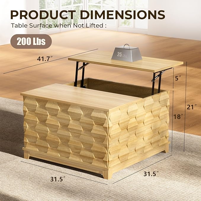 Lift Top Coffee Table, 31.5'' Square Coffee Table with with Storage, Farmhouse Coffee Tables with Hidden Storage, Center Table with Embossed Texture for Living Room, Home Office, Natural