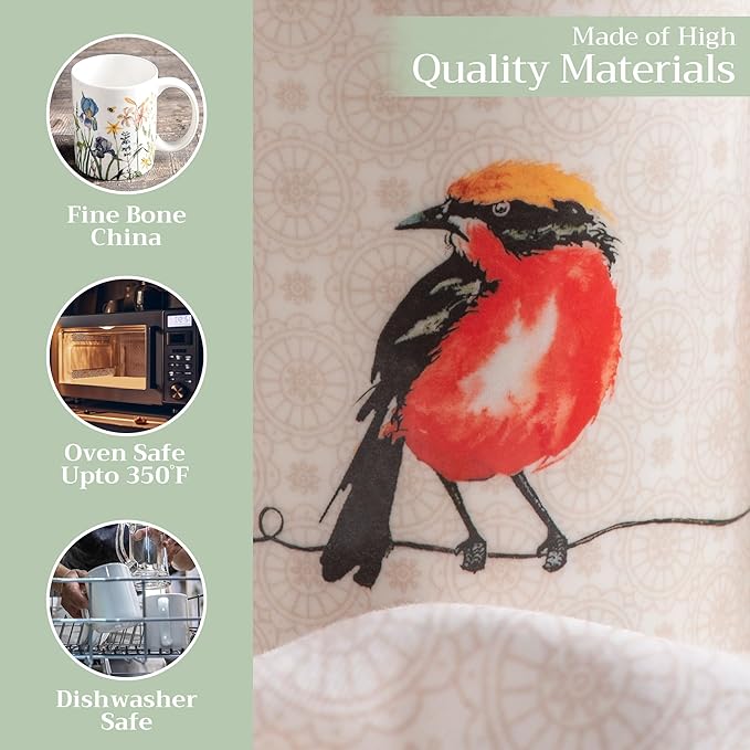 Maison d' Hermine Coffee Mug with Handles Fine Bone China Mugs Pack of One Tea Cups for Hot Beverages Cappuccino Latte Home Restaurant Office Perfect for Gift (Birdies On Wire - Nuthatch, 15 Ounce)