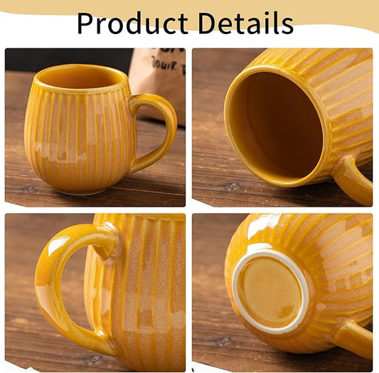 Unique Kiln-Fired Glaze Ceramic Mug (16 oz) with Gold Coffee Spoon – Stoneware Handcrafted Drum Shape Large Cup, Dishwasher Oven Safe, Brilliant Yellow