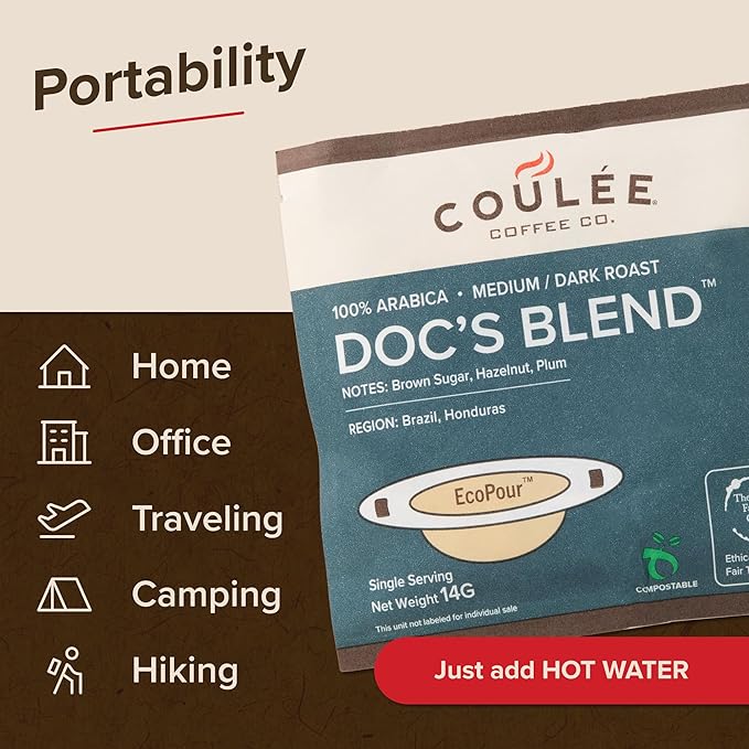 Coulée EcoPour Doc's Blend Coffee, All Paper Single Serve Pour Over Arabic Coffee, Dark Roast, Use for Camping or Traveling, Pre Filled Compostable Filters, Ready to Brew with Hot Water, Plastic Free, 10 Pack