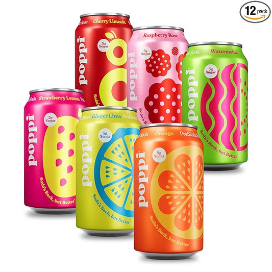 Poppi Sparkling Prebiotic Soda Beverage with Apple Cider Vinegar, Seltzer Water and Fruit Juice, Fun Favorites Variety Pack, 12 Fl Oz, Pack of 12, Packaging May Vary