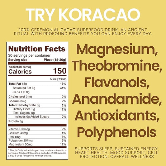 KORACAO Sustainably Harvested Cacao | Ideal Superfood for Everyday Bliss | Ceremonial Grade Cacao | Enhance Your Spiritual Journey with Ancient Superfood Delight - 1/2 Pound