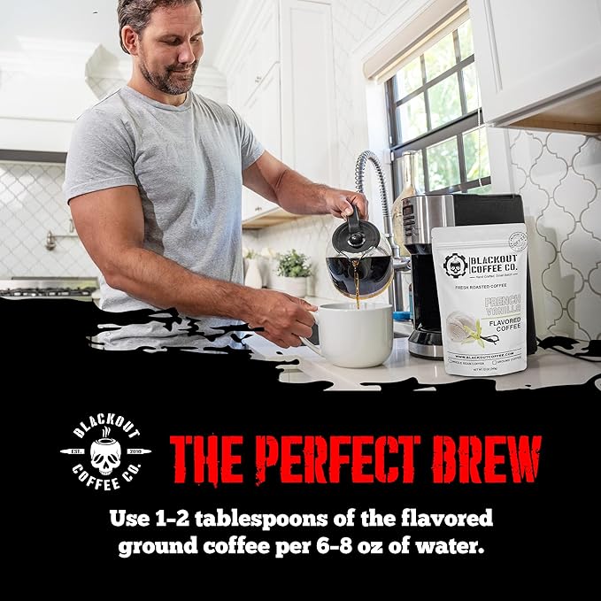Blackout Coffee French Vanilla Flavored Ground Coffee – Smooth Taste, Guilt-Free Indulgence – Freshly Roasted 12oz Pouch