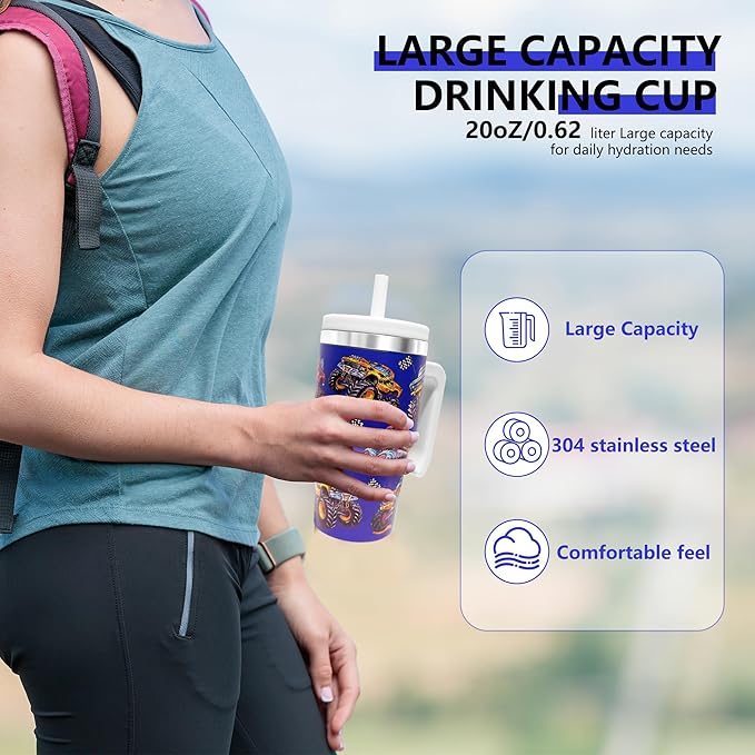 2PCS 20-OZ Insulated Water Bottle,Insulated Stainless Steel Tumbler,Reusable Cold Drink Thermos,BPA-Free, Double-Wall Stainless Steel Water Bottle (Dark blue-Monster trucks, 20, Fluid Ounces)